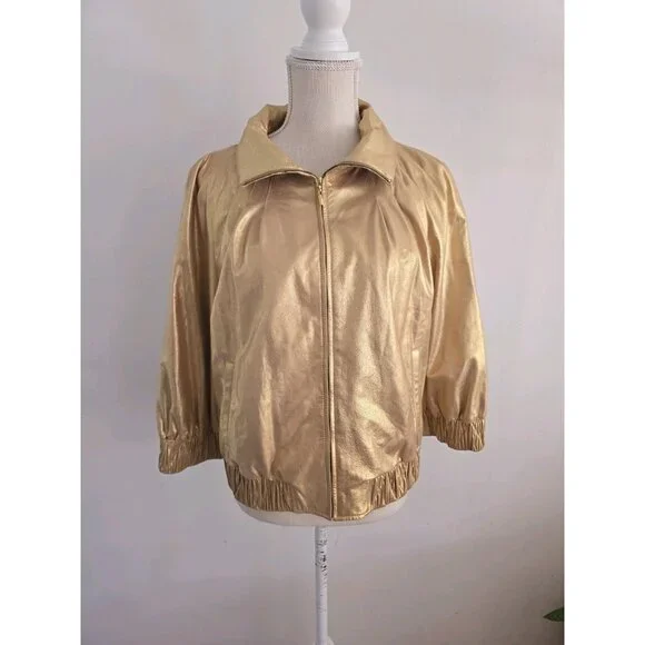 St John Gold Metallic Lambs Leather Silk 80s Retro Shimmer Bomber Zip Jacket M